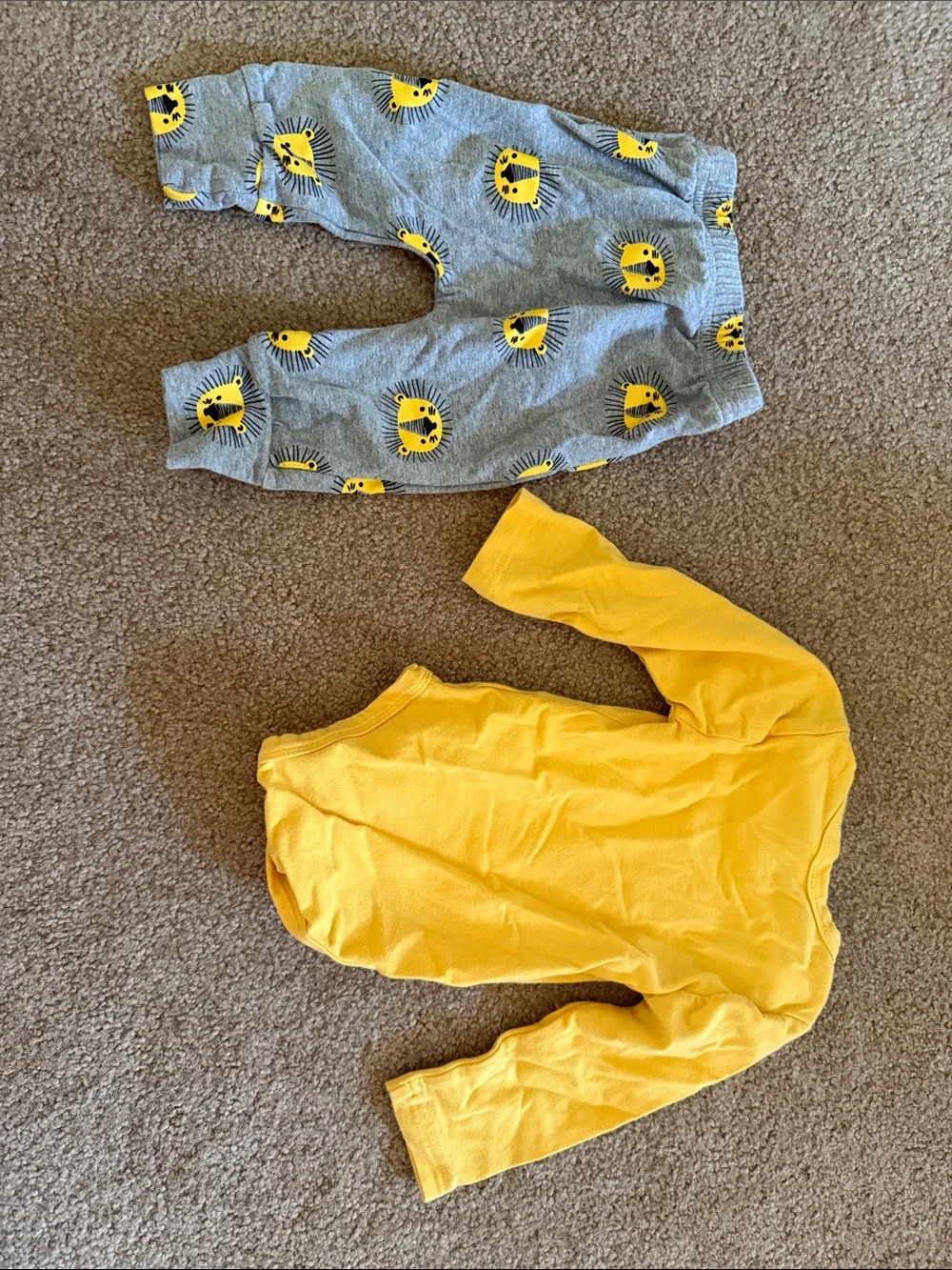 Yellow Lion Print Baby One-Piece with Gray Lion-Pattern Pants